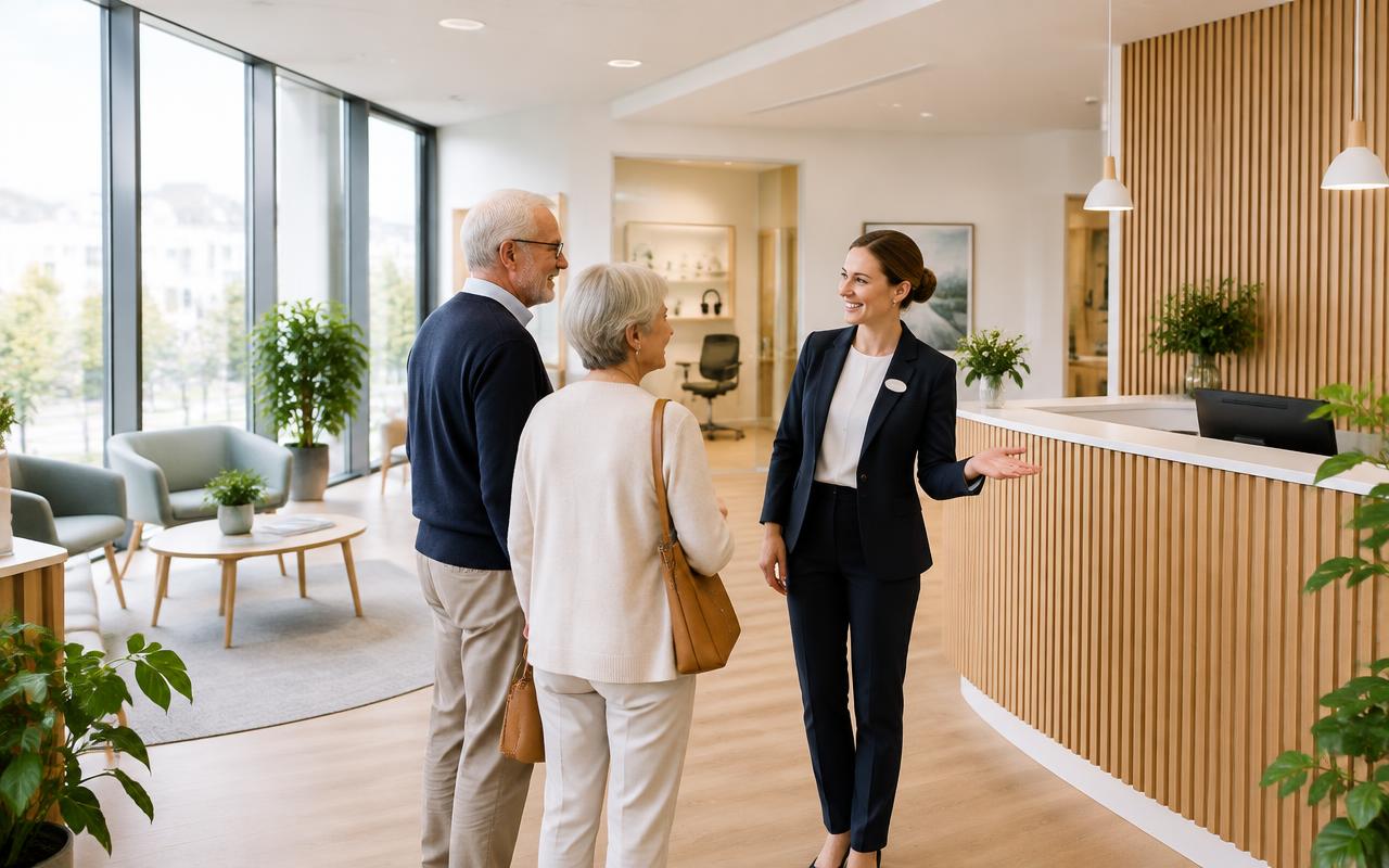 Ljus, modern klinikmiljö där en audionom välkomnar ett äldre par